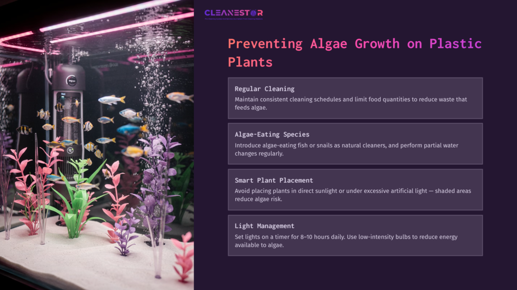 7 Preventing Algae Growth On Plastic Plants Aquarium Scene Featuring Colorful Plastic Plants And Small Fish, With Bubbles Rising; Side Panel Lists Tips For Preventing Algae Growth.