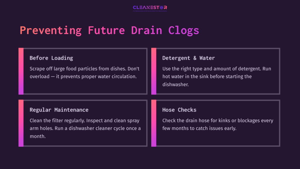 Four Sections Outlining Tips For Preventing Future Drain Clogs In Dishwashers, Featuring Headers In Pink And Purple On A Dark Background.