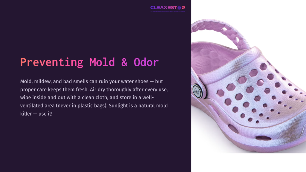 7 Preventing Mold And Odor Purple Water Shoe With Ventilation Holes, Accompanied By Text Outlining Tips For Preventing Mold And Odor.