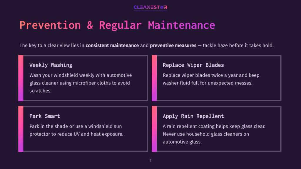 Text On A Dark Background Detailing Tips For Windshield Care, Featuring Headings In Purple And White, And A Clean Layout With Bullet Points.