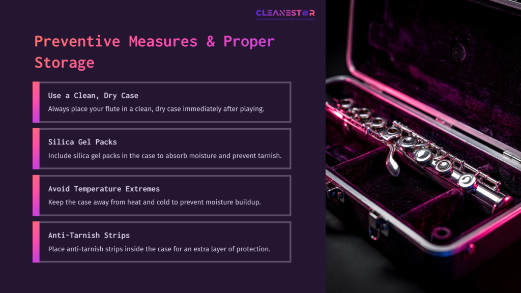 A Tarnished Flute In A Black Velvet Case With Pink Lighting, Accompanied By Text On Preventive Measures For Cleaning And Storage.