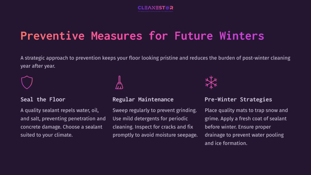 7 Preventive Measures For Future Winters Text-Based Infographic With A Dark Background Featuring Tips For Winter Garage Floor Maintenance In Pink And White Text.