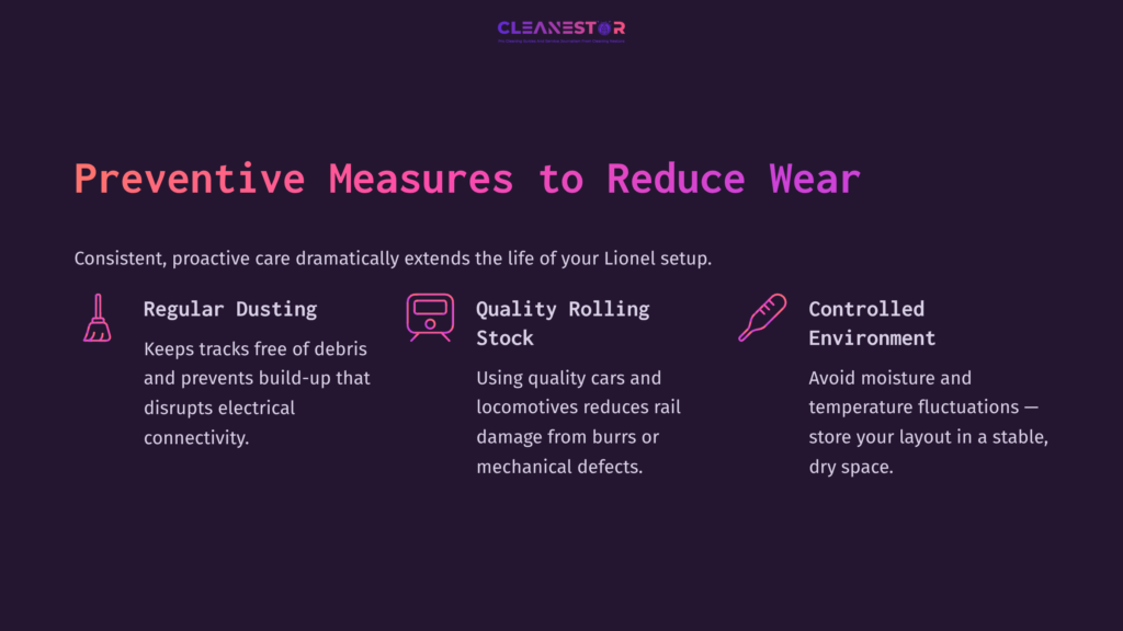 7 Preventive Measures To Reduce Wear Text On A Dark Background Highlights Preventive Measures For Lionel Train Track Maintenance: &Quot;Regular Dusting,&Quot; &Quot;Quality Rolling Stock,&Quot; And &Quot;Control Environment.&Quot;