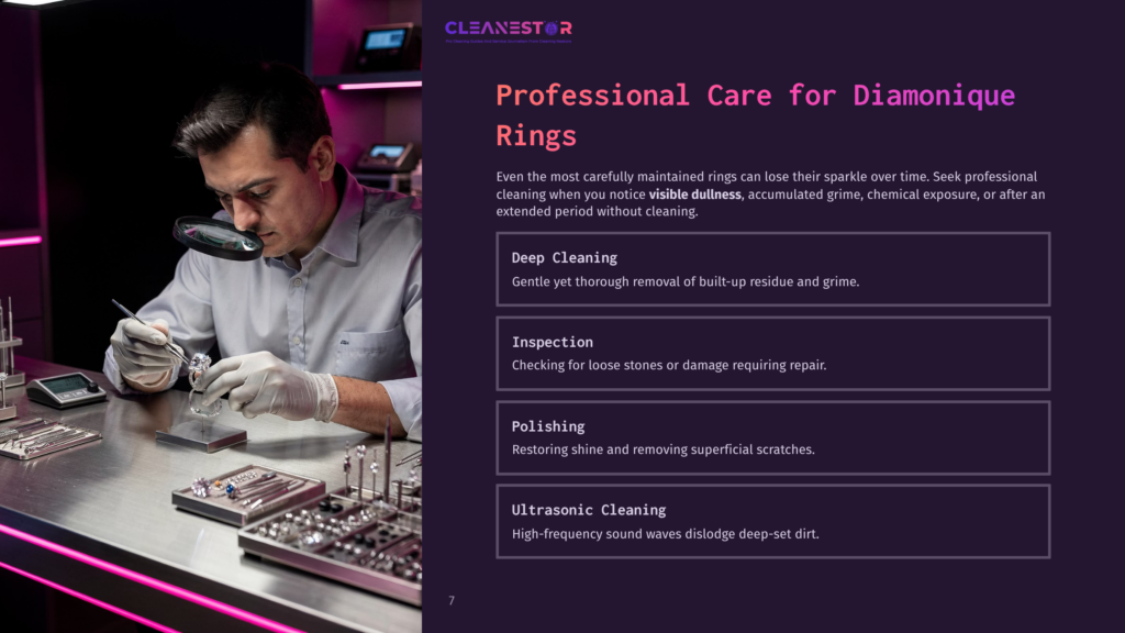 A Man In Gloves Inspects A Diamond Ring Under A Magnifying Glass, Surrounded By Cleaning Equipment In A Purple-Lit Workspace.
