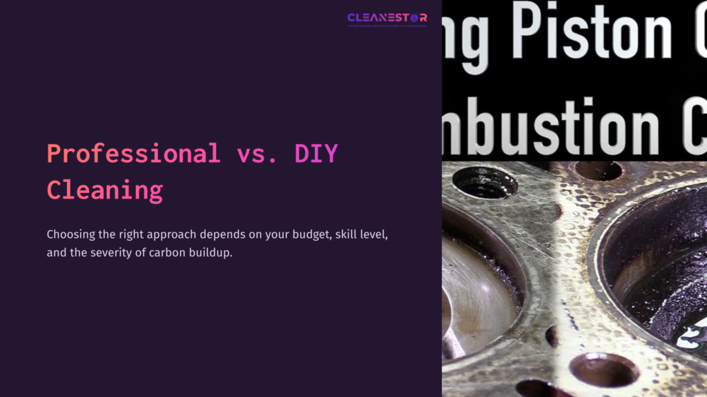 Close-Up Of A Piston With Carbon Buildup, Showcasing Metallic Textures And Dark Residues, Contrasted Against Text About Cleaning Options.