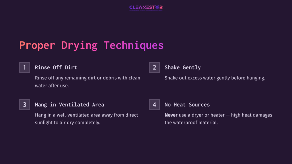 Text On A Dark Purple Background Outlining Proper Drying Techniques For Frogg Toggs, With Numbered Instructions And Pink Headings.