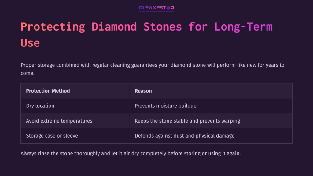 A Table With A Dark Background Detailing Protection Methods For Diamond Sharpening Stones, Including Storage Tips And Reasons For Each.