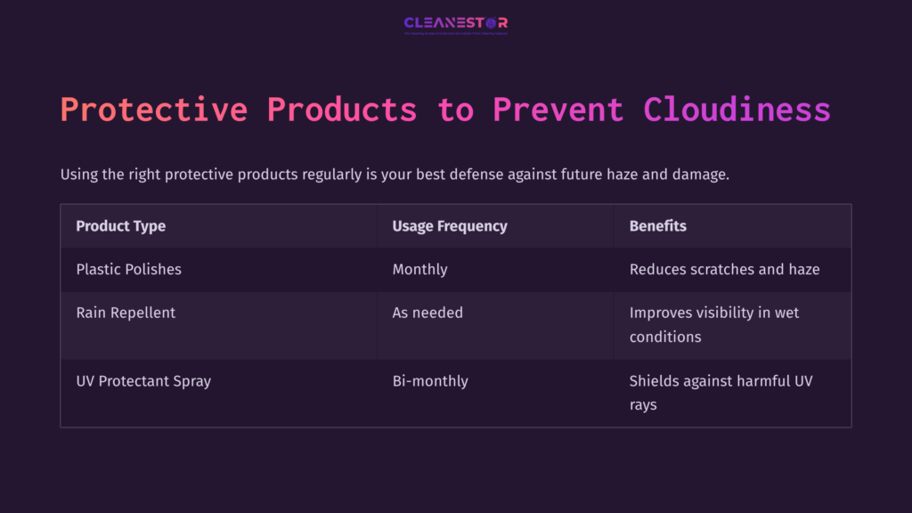 7 Protective Products To Prevent Cloudiness Table With Purple Background Listing Protective Products To Prevent Cloudy Motorcycle Windshields, Including Usage Frequency And Benefits.