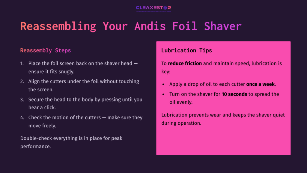 Instructions For Reassembling An Andis Foil Shaver, With Steps In Purple Text On A Pink Background And Lubrication Tips Highlighted.
