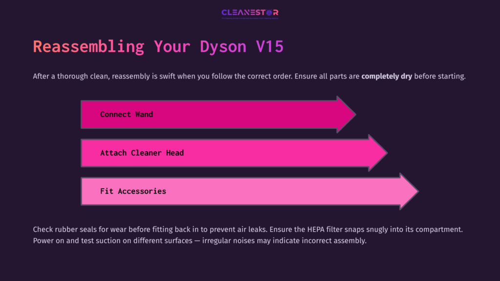 Diagram Outlining The Steps To Reassemble A Dyson V15, Featuring Pink Arrows And Text On A Dark Background. Key Steps Are Highlighted.