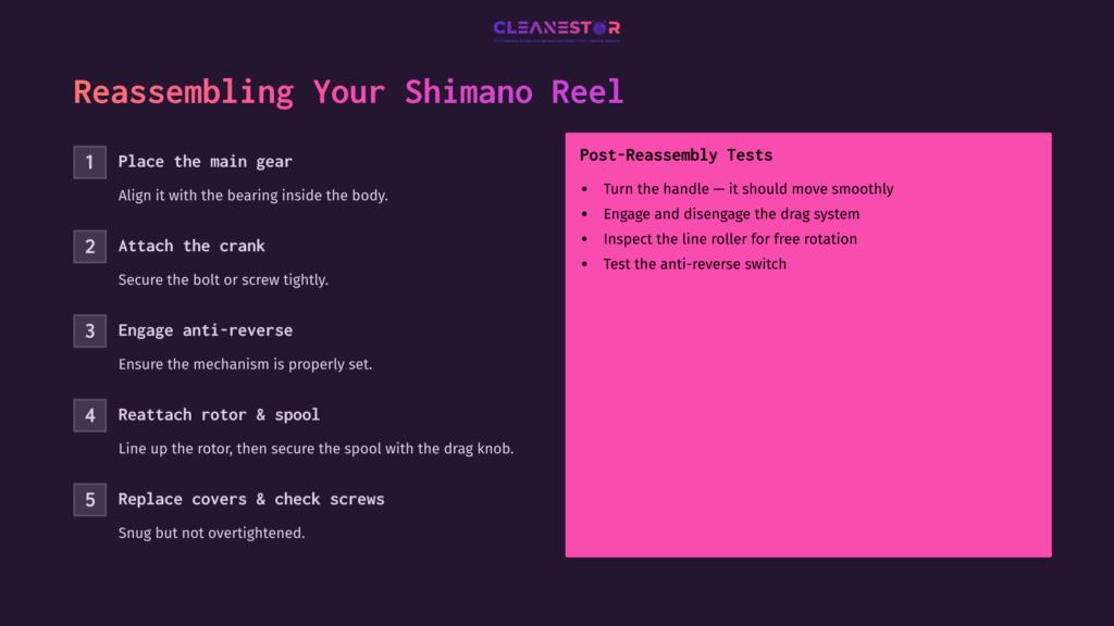 7 Reassembling Your Shimano Reel Instructions For Reassembling A Shimano Reel, Featuring A Dark Background, Pink Box With Testing Steps, And A List Of Key Components.