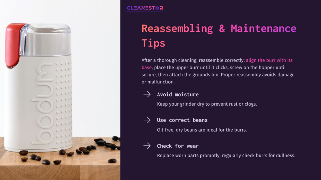 7 Reassembling And Maintenance Tips A Bodum Coffee Grinder With A Red Lid, Next To Scattered Coffee Beans, Displaying Maintenance Tips On A Dark Purple Background.