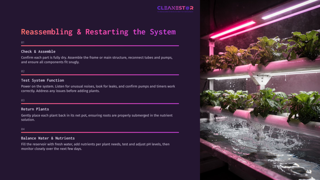 Hydroponic System Setup With Vibrant Plants Under Pink Led Lights, Showing Water Flow And Step-By-Step Cleaning Instructions.