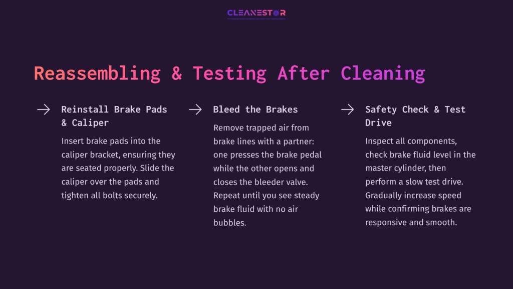Steps For Reassembling Brake Components: Inserting Brake Pads, Bleeding Brakes With A Partner, And Safety Checks For Driving.