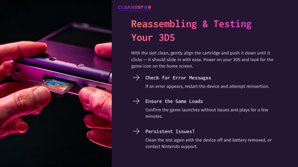 A Person Inserts A 3Ds Cartridge Into A Console'S Slot, With A Purple Background And On-Screen Text Guiding The Cleaning Process.