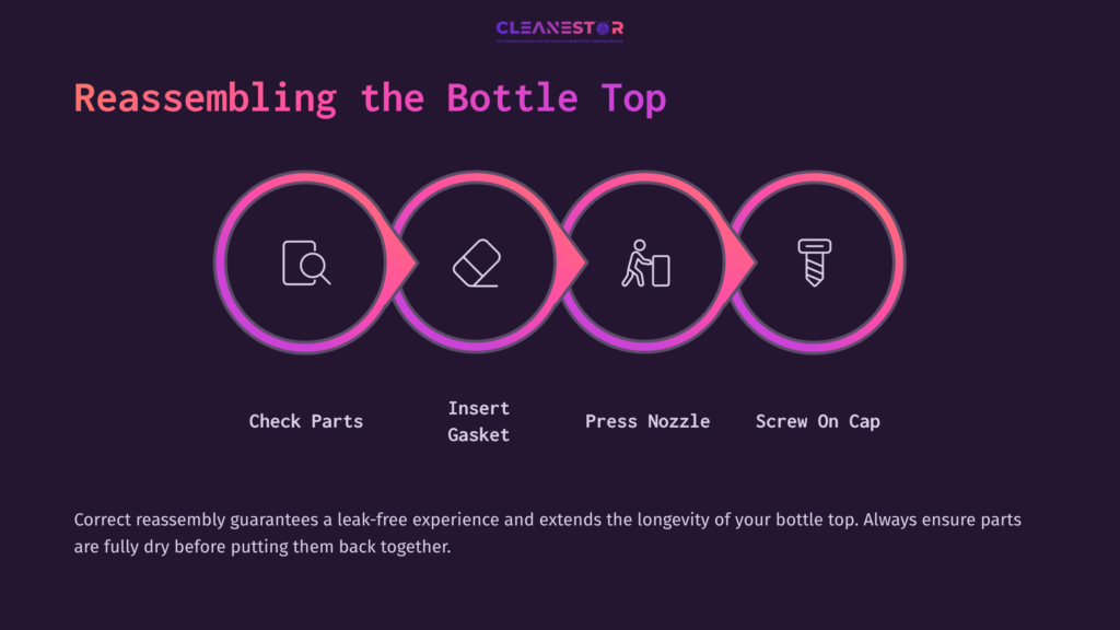 Graphic Illustrating Steps To Reassemble A Gatorade Squeeze Bottle Top, Featuring Icons For Checking Parts, Inserting A Gasket, Pressing The Nozzle, And Screwing On The Cap. Background In Dark Hues With Pink Accents.