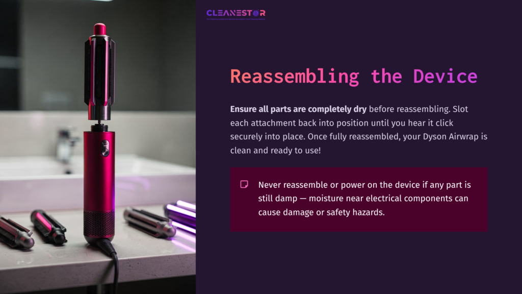 7 Reassembling The Device A Pink And Black Dyson Airwrap Resting On A Surface, Surrounded By Styling Attachments, Against A Dark Background With Soft Lighting.