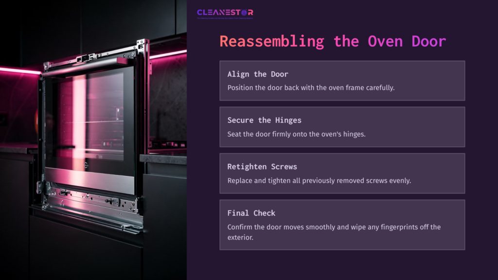 Close-Up Of An Oven Door Being Reassembled, Showcasing A Sleek Black Panel With Illuminated Edges, Instructions For Securing It Visible.