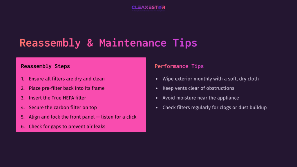 7 Reassembly And Maintenance Tips 1 Text On A Dark Background With A Pink Block Outlining Reassembly And Maintenance Tips For An Air Purifier, Featuring Clear Instructions.