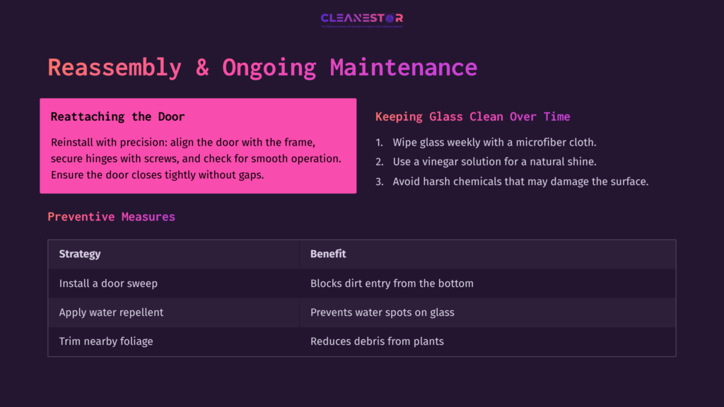 Graphic With Tips On Cleaning Glass Behind A Screen Door, Featuring Black Background, Pink Headings, And A List Of Preventive Measures.