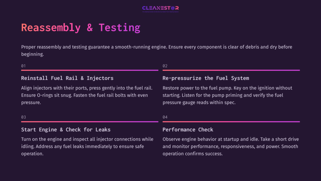 Instructions On Reassembling A Fuel Rail And Testing, Featuring Purple Text On A Dark Background With Clear Bullet Points.