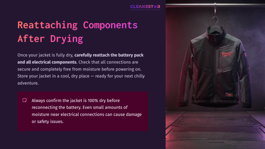 7 Reattaching Components After Drying A Black Milwaukee Heated Jacket Hangs Against A Dark Background, With Text Highlighting Care Instructions For Reattaching Components After Drying.