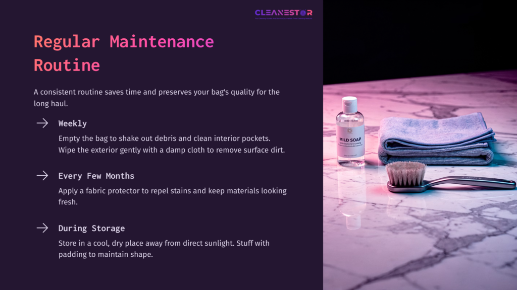 7 Regular Maintenance Routine Text On A Purple Background Detailing A Bag Maintenance Routine, With Cleaning Supplies Like Spray, Cloth, And A Brush On A Marble Surface.