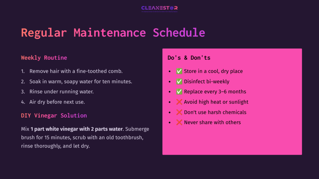 A Purple Background Displays A Maintenance Schedule With White Text. It Outlines Weekly Routines And Do'S And Don'Ts In A Pink Box With Checkmarks.