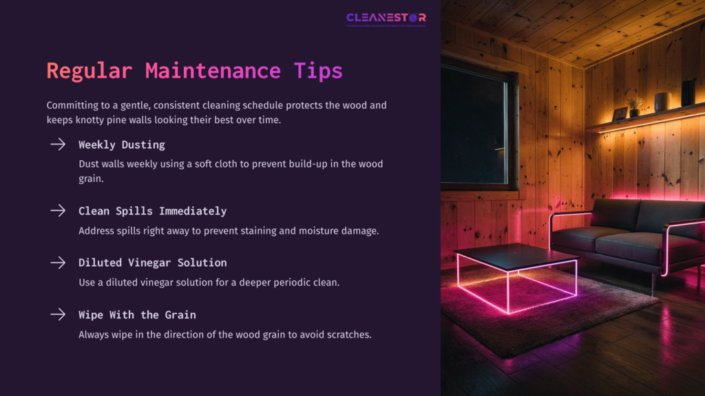 Wooden Knotty Pine Walls With Soft, Warm Lighting, A Modern Neon-Accented Coffee Table, And Maintenance Tips In Bold Purple Text.