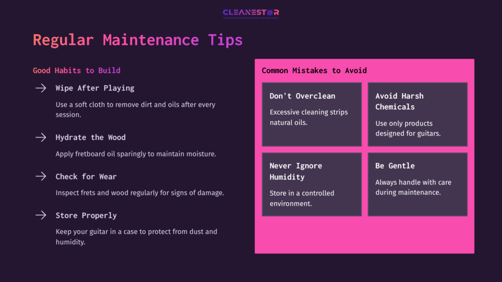 7 Regular Maintenance Tips A Purple And Pink Graphic Displaying Maintenance Tips For Rosewood Fretboards, With Advice On Care And Common Mistakes To Avoid.