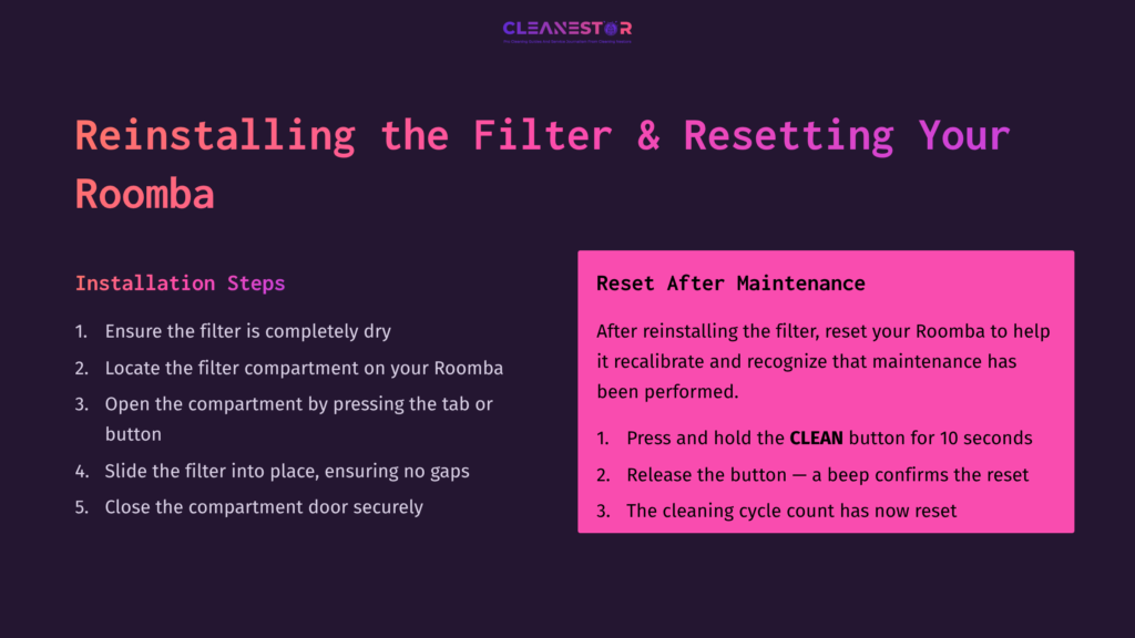 Instructions On Cleaning A Roomba Filter, Featuring A Purple Background, White And Pink Text, And Steps Outlined In Clear Sections.