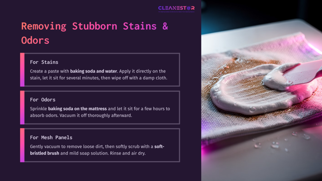 A Damp Cloth With Baking Soda Is Used To Clean A Surface, Surrounded By Text Detailing Stain And Odor Removal Tips For A Pack 'N Play.