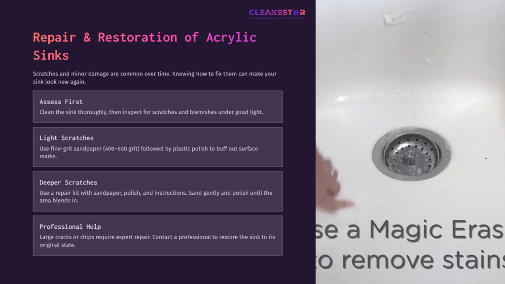 A Person Cleaning An Acrylic Sink, Using A Magic Eraser Near The Drain, With Step-By-Step Text On Restoration Methods In The Background.