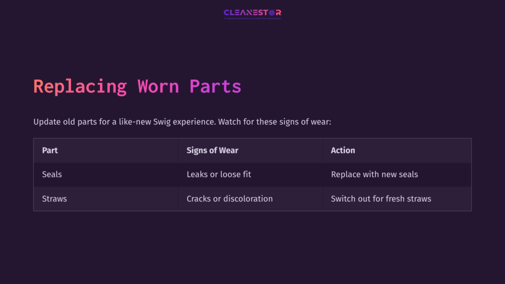 Table Outlining Worn Swig Lid Parts: Seals And Straws, With Signs Of Wear And Recommended Actions, On A Dark Purple Background.