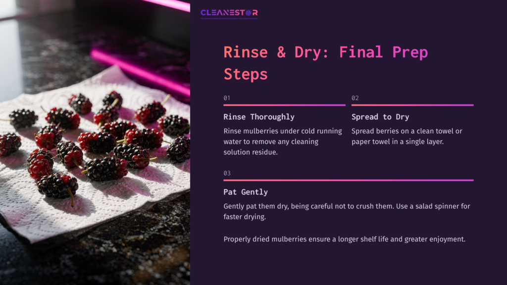 7 Rinse And Dry Final Prep Steps Freshly Picked Mulberries Laid Out On A White Towel, With Instructions For Rinsing, Spreading, And Drying, Featuring Purple And Black Colors.
