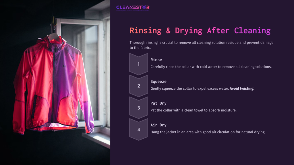 7 Rinsing And Drying After Cleaning A Vibrant Pink And Purple Jacket Hanging By A Window, With A Clean, Minimal Layout Displaying Rinsing And Drying Instructions Next To It.