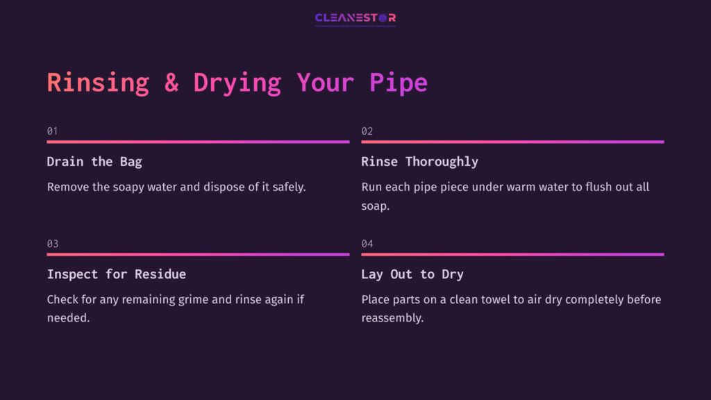 Instructions In A Purple Layout On Rinsing And Drying A Pipe, With Numbered Steps Highlighted In Pink Text And Icons For Clarity.
