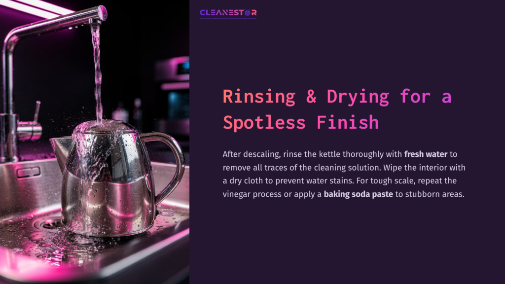 Electric Kettle Under Running Water In A Kitchen Sink, With Vibrant Pink Highlights; Instructions For Rinsing And Drying Are Displayed.