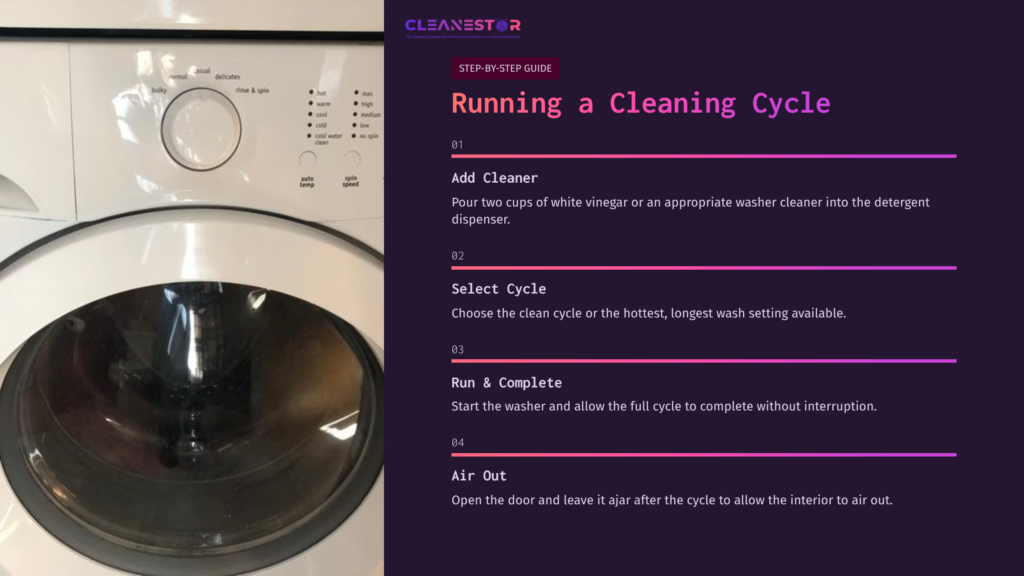 Front View Of A Frigidaire Affinity Washer With A Clear Control Panel. Instructions For Running A Cleaning Cycle Are Displayed Beside It.