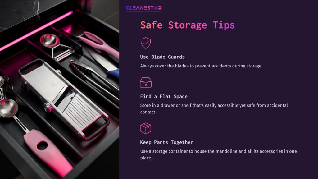 A Neatly Organized Drawer With A Mandoline Slicer, Blade Guards, And Pink Utensils, Accompanied By Storage Tips In Text On The Right.