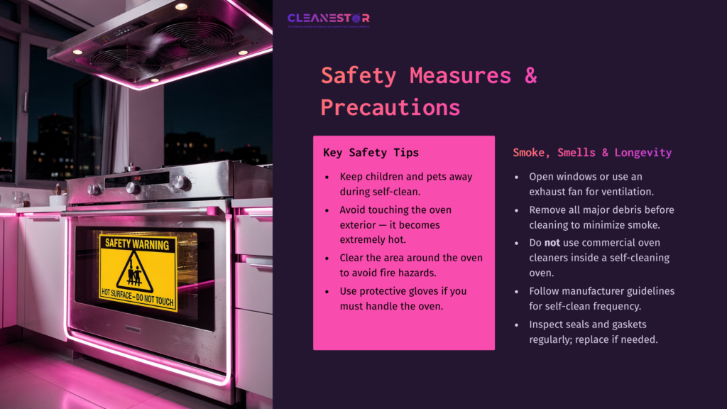 Ge Monogram Oven In A Modern Kitchen, Featuring A Warning Sign About Safety Precautions During Self-Cleaning, With Vibrant Pink Lighting.