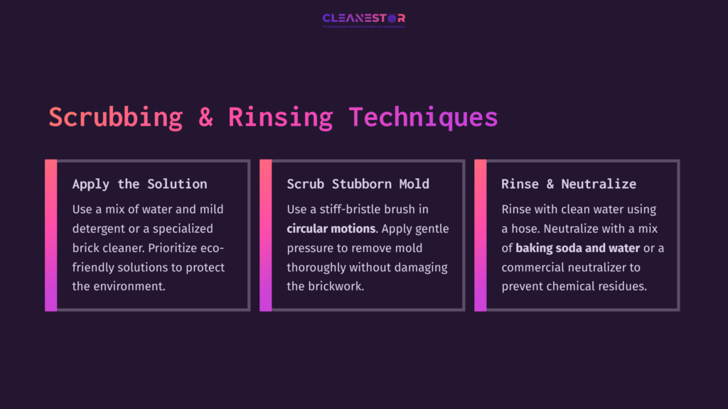 Three-Section Graphic Detailing Brick Cleaning Techniques: 1. Apply Eco-Friendly Solution; 2. Scrub With A Stiff Brush; 3. Rinse And Neutralize With Water.