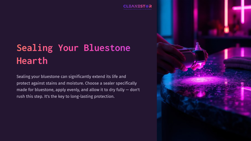 A Person Applying A Sealer To A Bluestone Hearth With A Purple Glow In The Background, Highlighting The Cleaning Process.