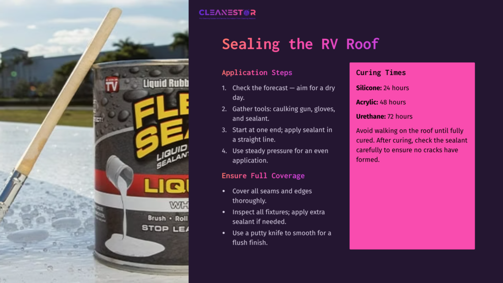 A Can Of Flexible Sealant Beside A Paintbrush On A Table, With Instructions For Sealing An Rv Roof On A Colorful Background.