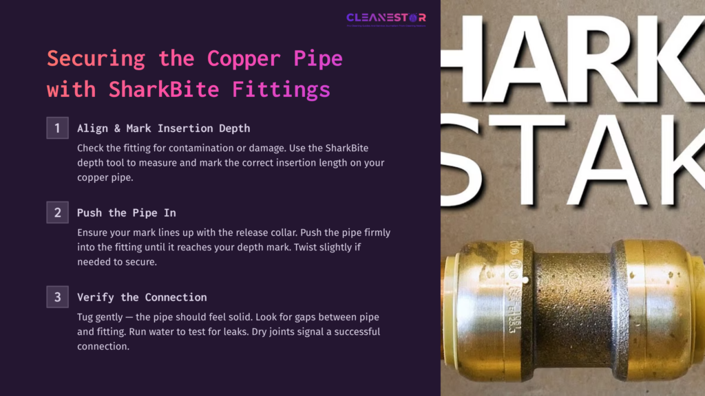 Copper Pipe With A Sharkbite Fitting On A Wooden Surface, Featuring Instructions On Proper Insertion Depth And Connection Guidelines.