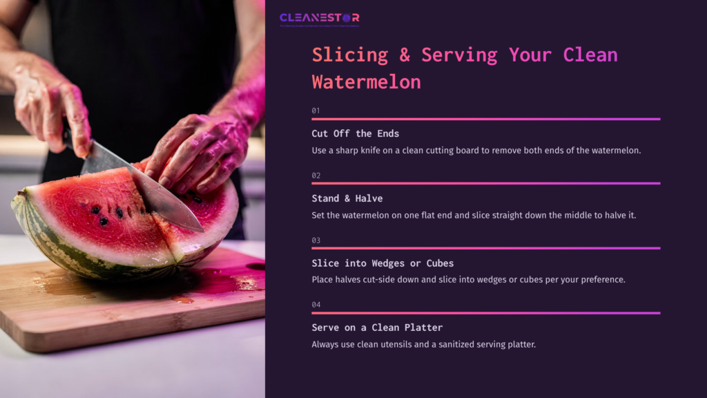 A Person Slicing A Ripe Watermelon On A Wooden Cutting Board, With Step-By-Step Instructions In Purple Text On The Side.