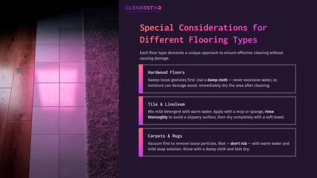 A Split Layout Showing Hardwood And Tiled Floors, With Cleaning Tips Highlighted Alongside Color-Coded Backgrounds For Each Floor Type.