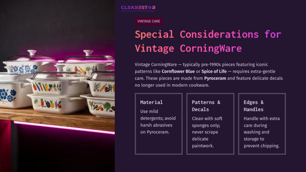 A Display Of Vintage Corning Ware Dishes With Floral Patterns On Shelves, Highlighted By Pink Lighting, Alongside Cleaning Tips.