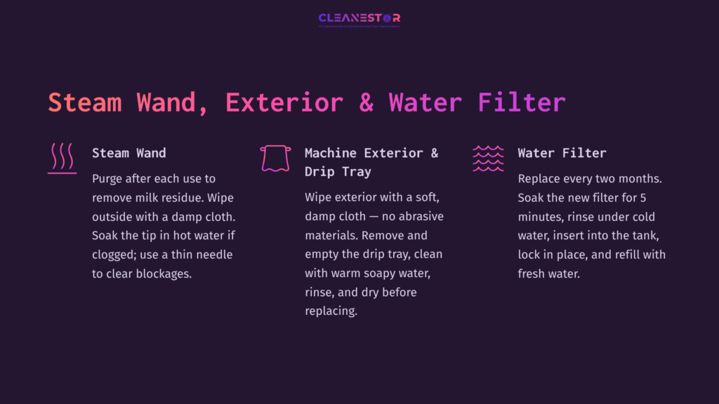 Instructions In Pink And White Text On A Dark Purple Background Detailing Cleaning Steps For Steam Wand, Machine Exterior, And Water Filter.