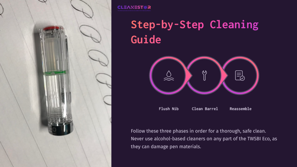 7 Step By Step Cleaning Guide 1 Transparent Twsbi Eco Fountain Pen On Lined Paper, Accompanied By A Guide With Icons For Cleaning Steps: Flush Nib, Clean Barrel, Reassemble.
